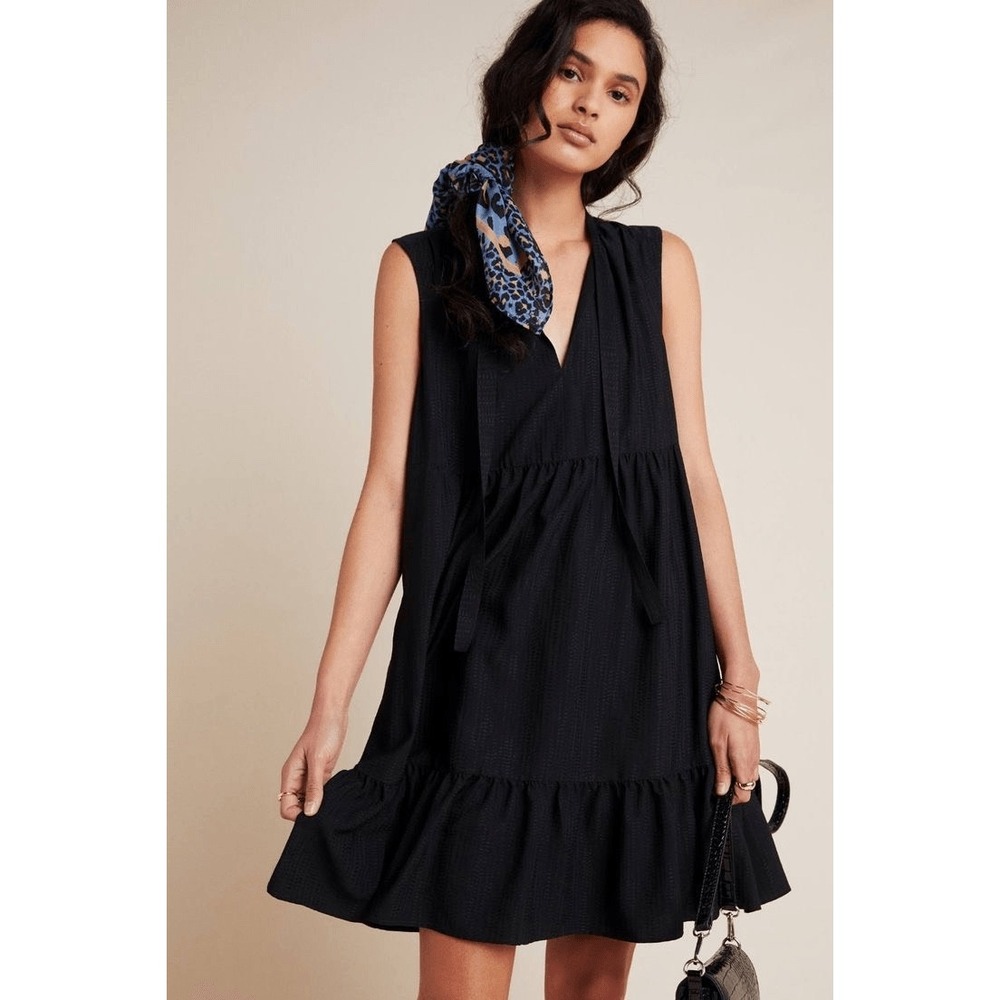 Anthropologie Maeve Shira Tiered Tunic sleeveless Dress Size LP Petite neck tie